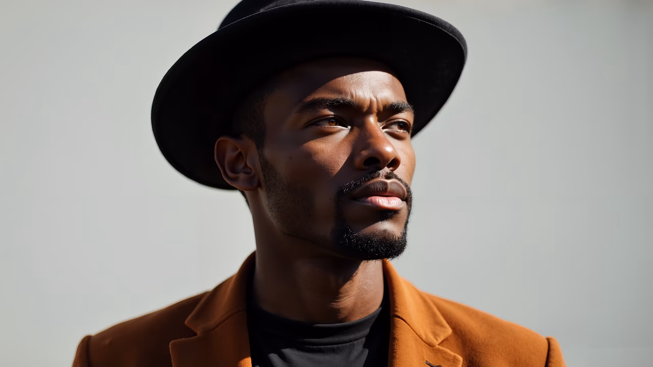 Close-up portrait of a man in a hat, wearing a brown jacket, set against a neutral background.