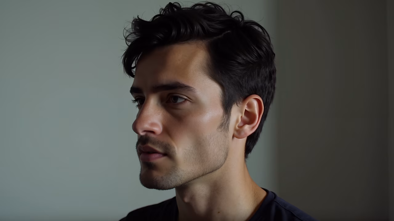 Close-up portrait of a man in profile, serene and contemplative.
