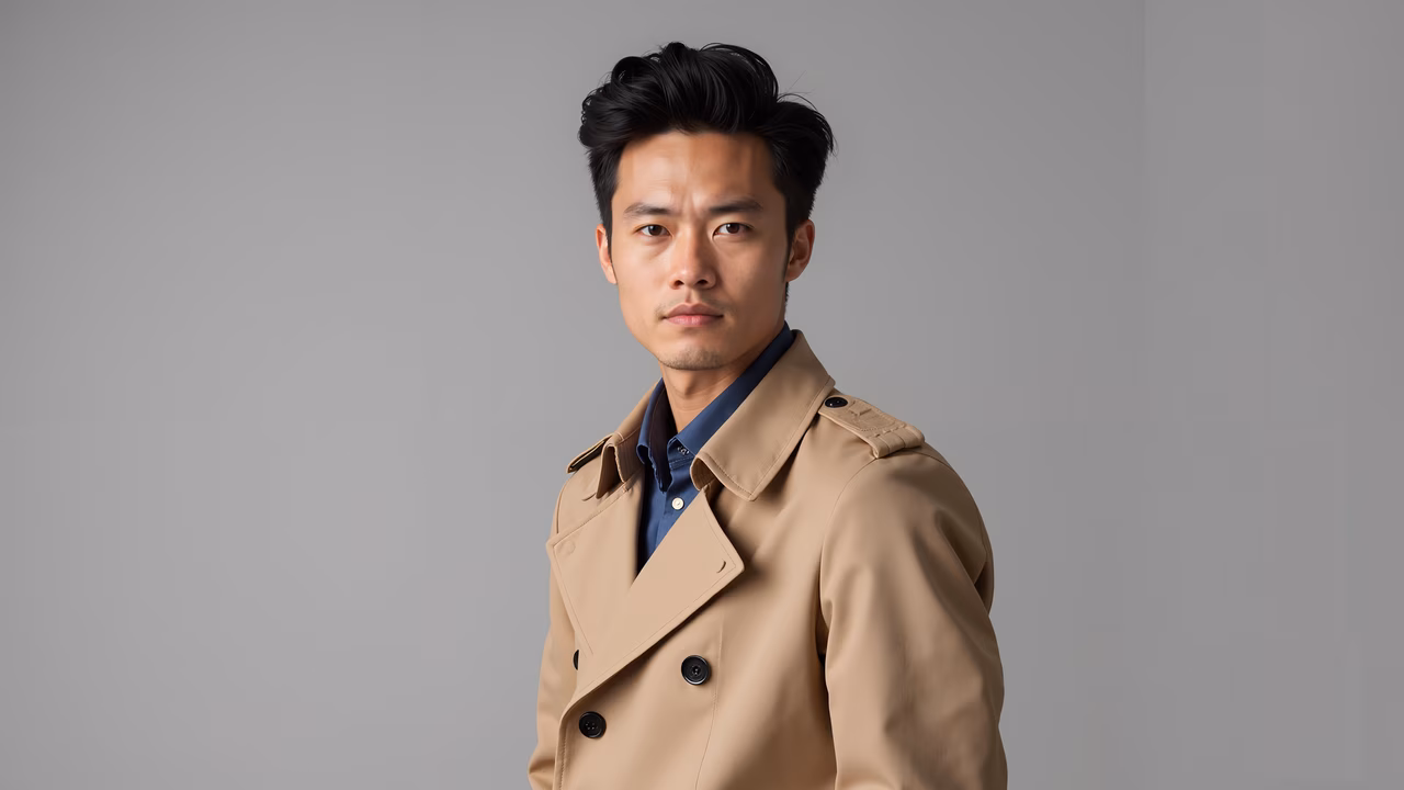 Confident man in stylish trench coat against a neutral backdrop.