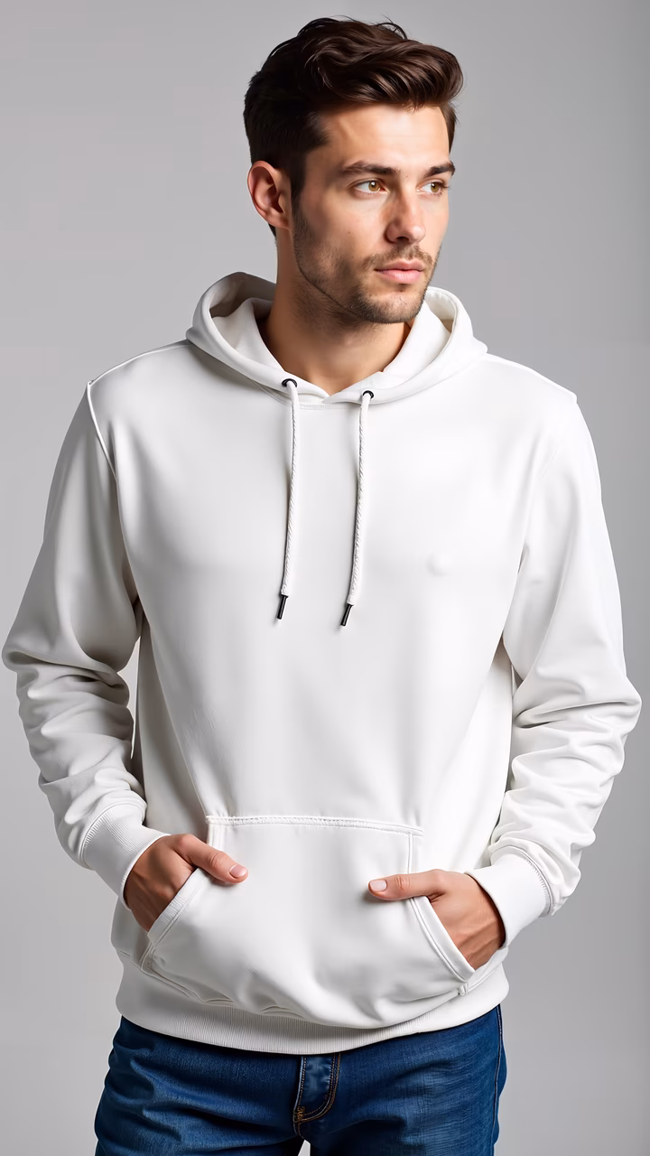 Casual fashion portrait of a man in a white hoodie and jeans.