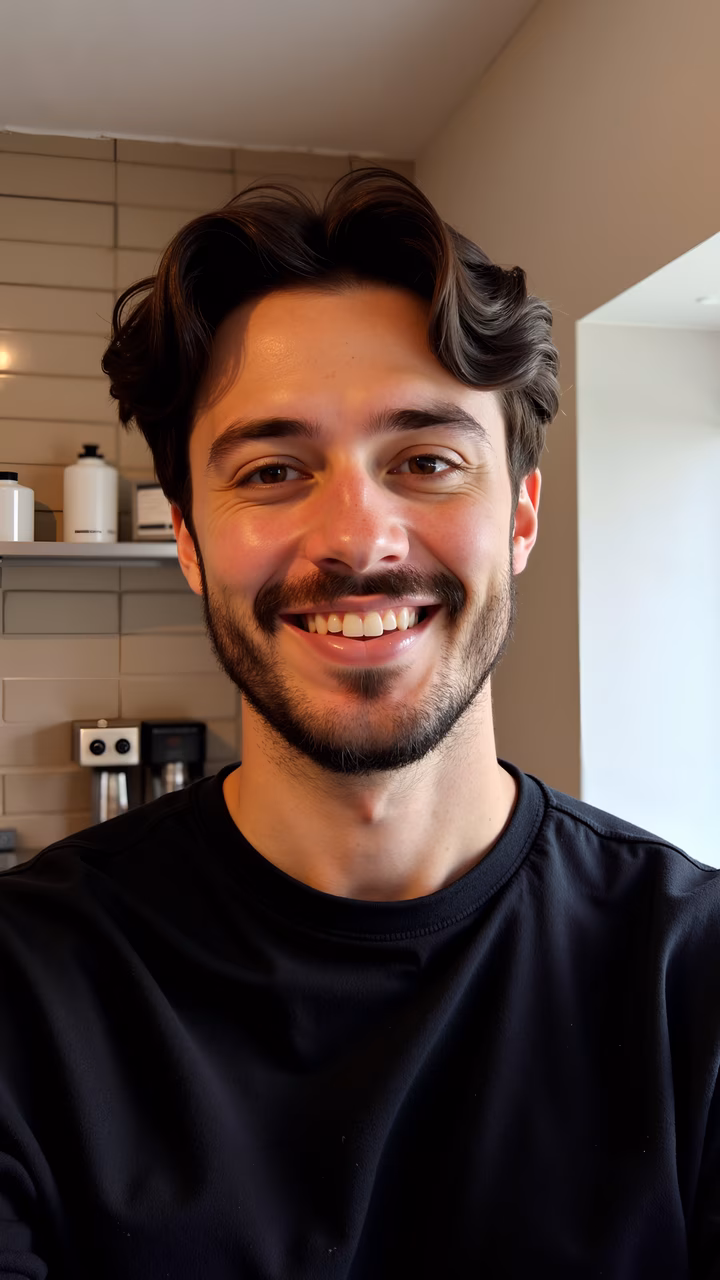 Close-up portrait of a smiling man in a modern kitchen setting.