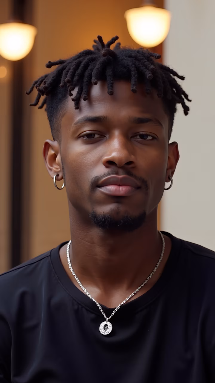 Close-up portrait of a man with dreadlocks, wearing a black shirt and silver chain necklace, set against warm ambient lighting.
