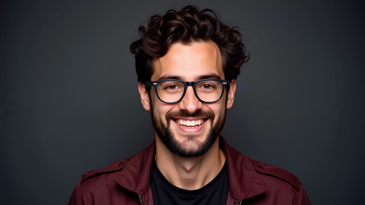 Close-up portrait of a smiling man with glasses and a maroon jacket.