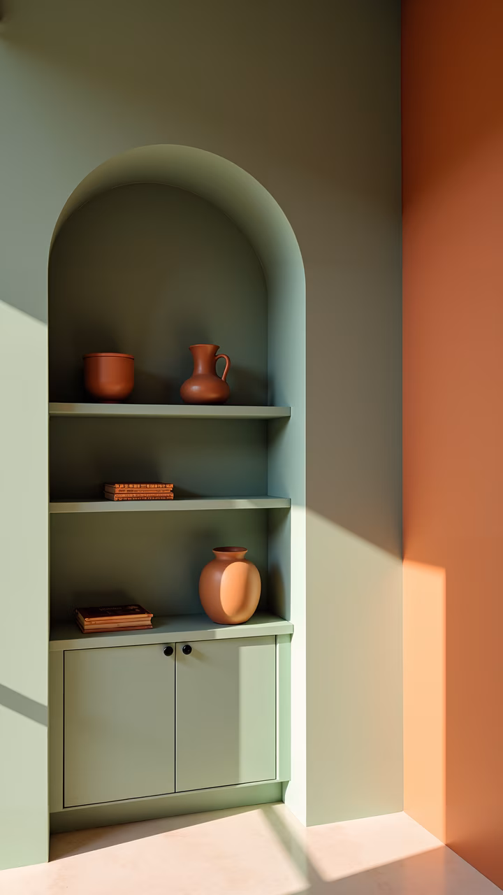 A minimalist arched cabinet with muted greens and earthy accents, creating a serene interior design.