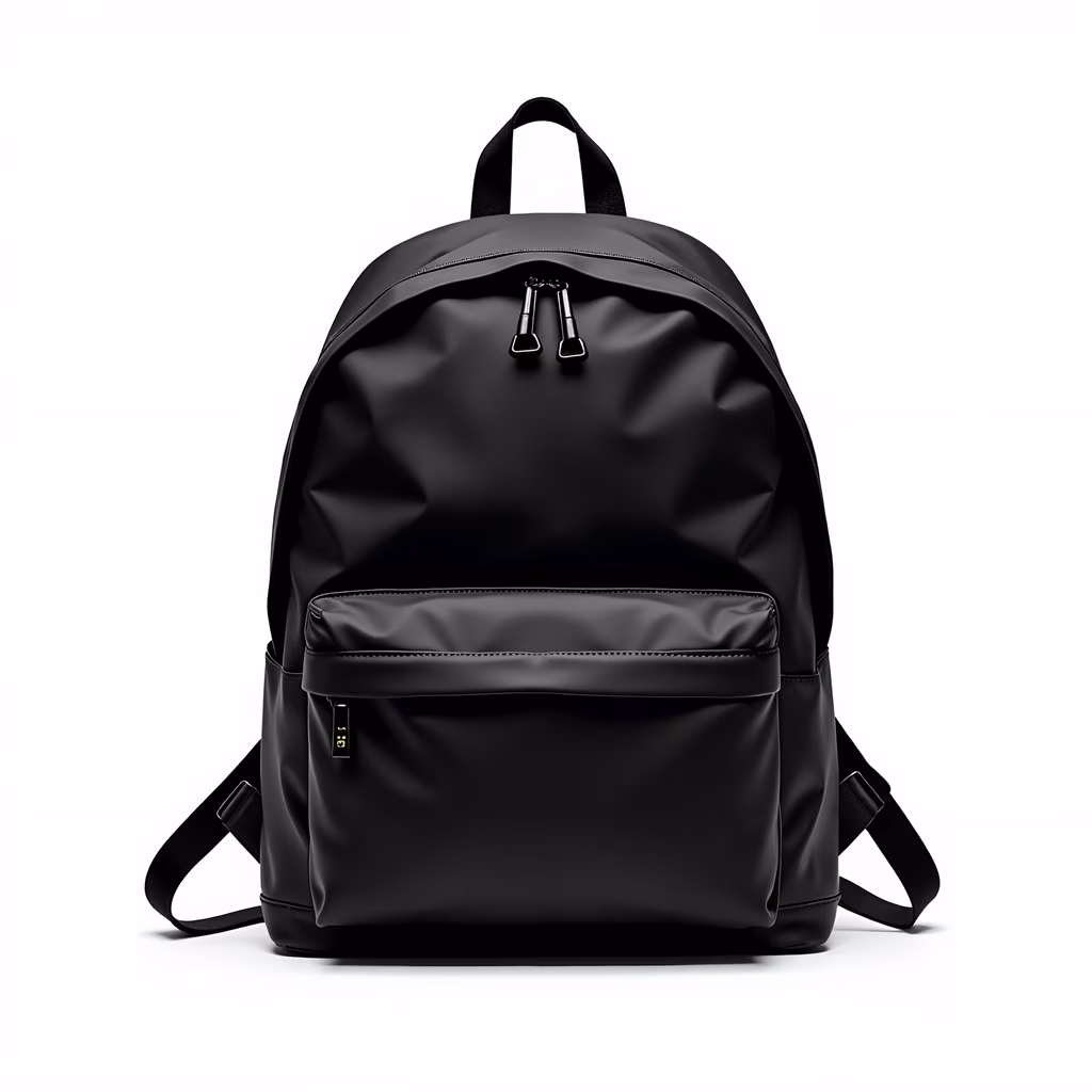 Elegant black backpack with glossy finish and minimalist design.