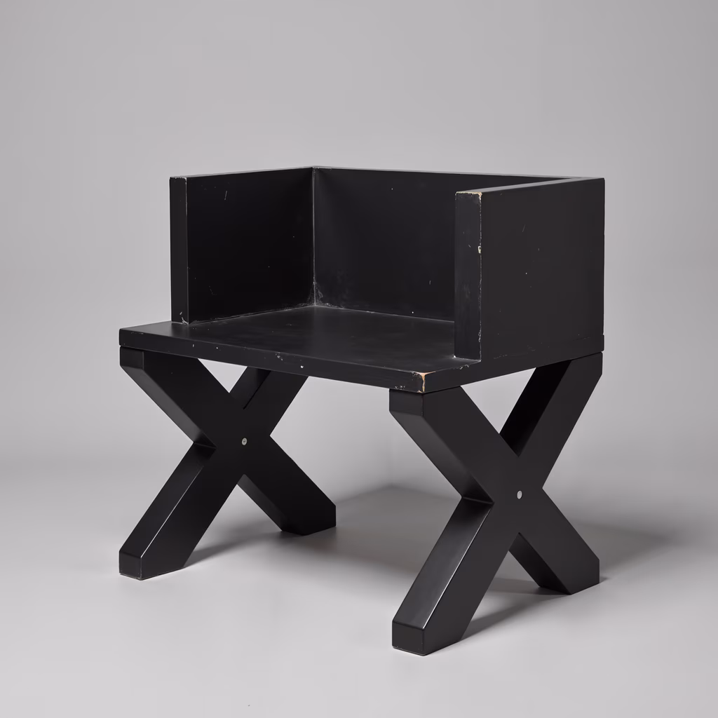 Minimalist black chair with clean lines and X-shaped base, emphasizing modern design.
