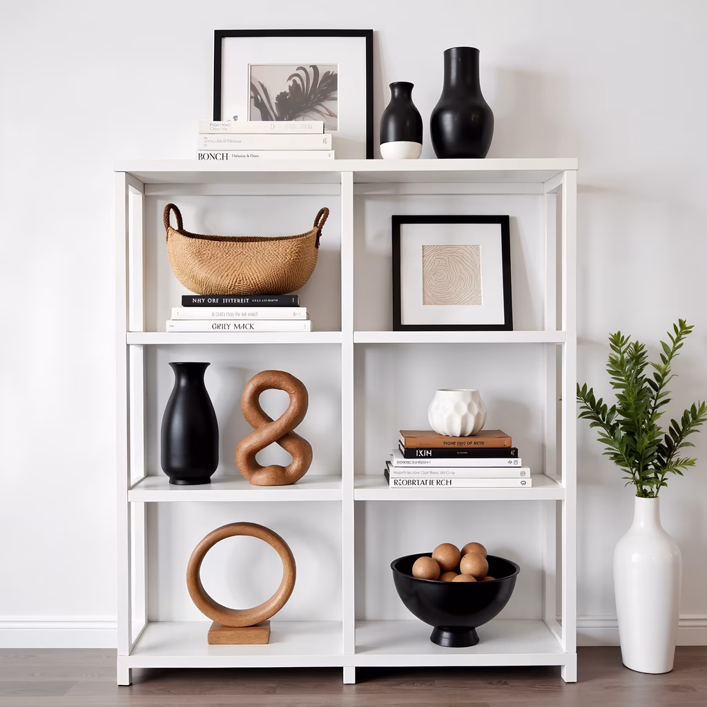A minimalist bookshelf with a clean white design and neutral tones, featuring books and decorative items.