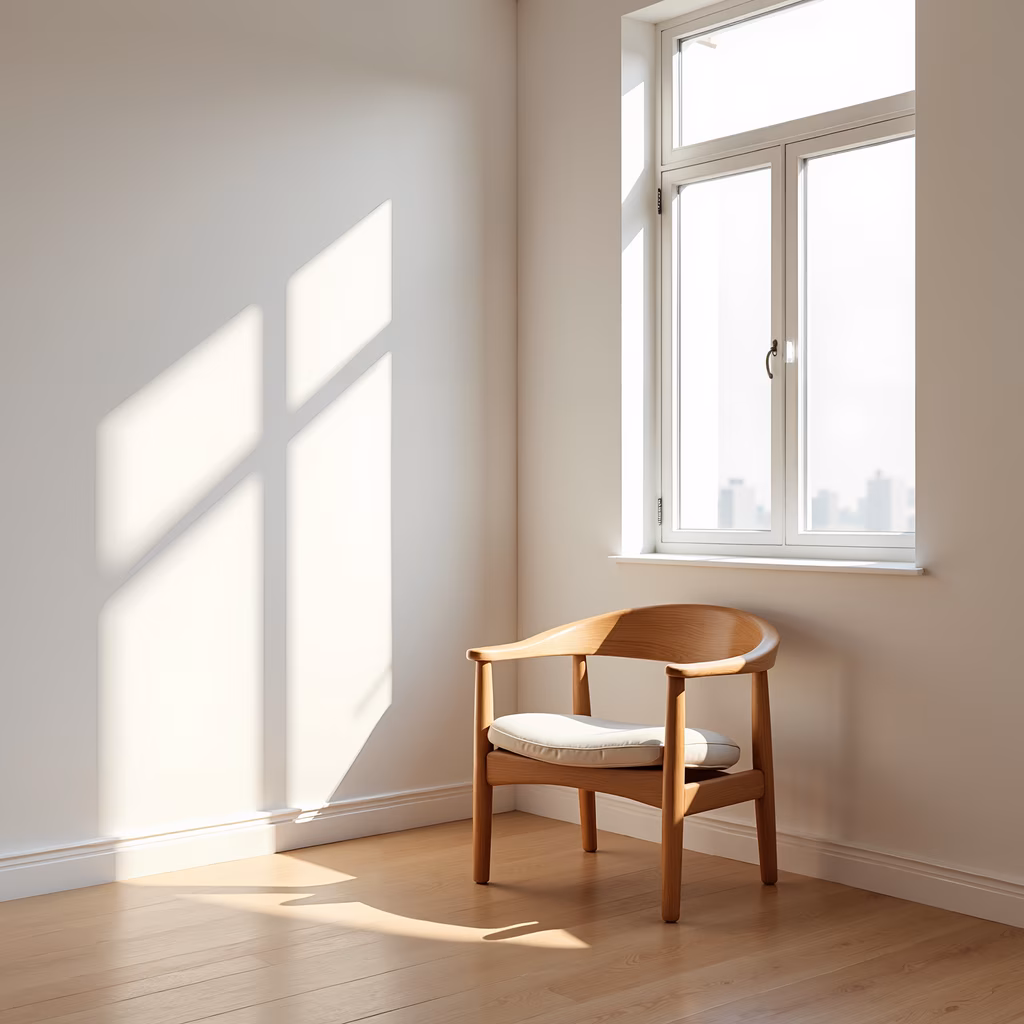 A minimalist chair near a window, bathed in natural light, creating a serene interior design scene.