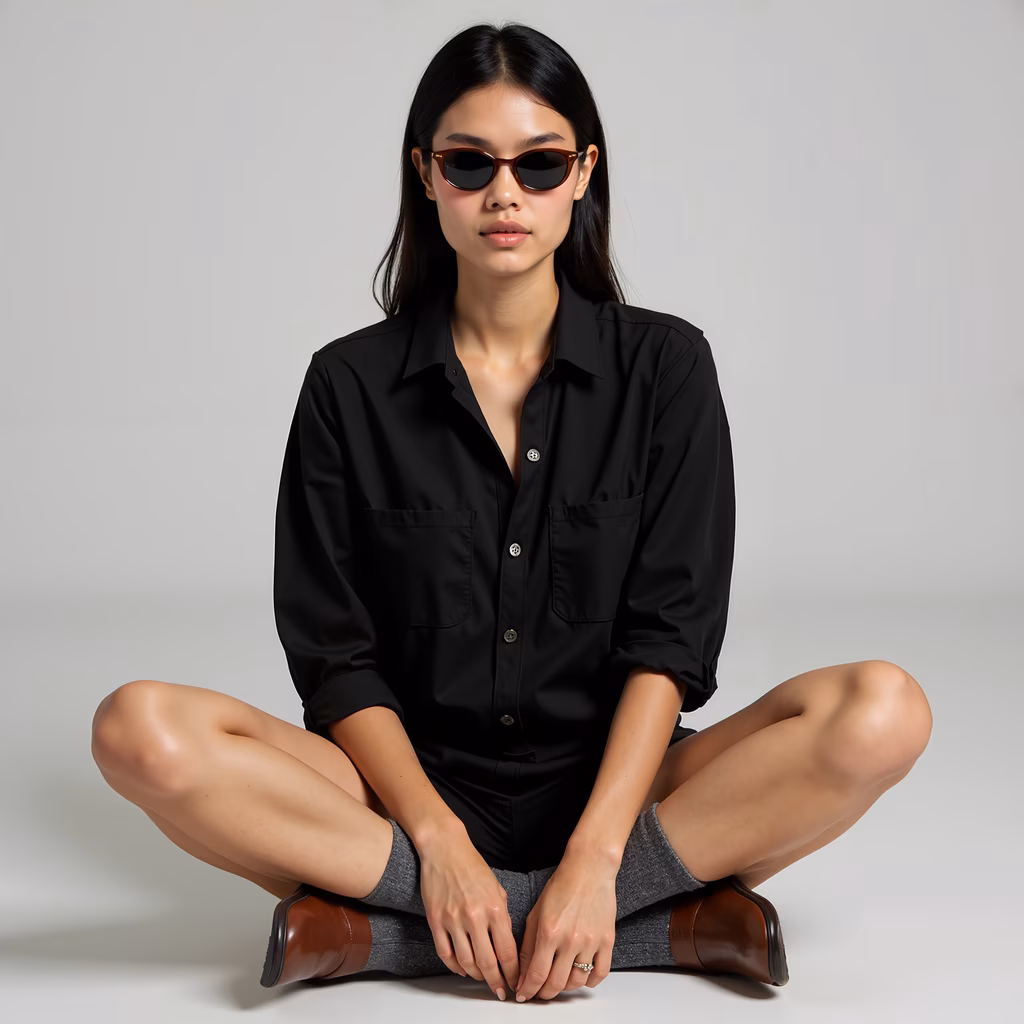 Minimalist fashion portrait of a woman in black shirt and sunglasses, seated cross-legged on a neutral background.
