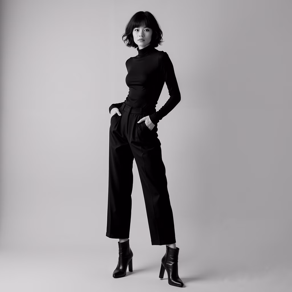 Monochrome fashion portrait of a confident woman in sleek attire.
