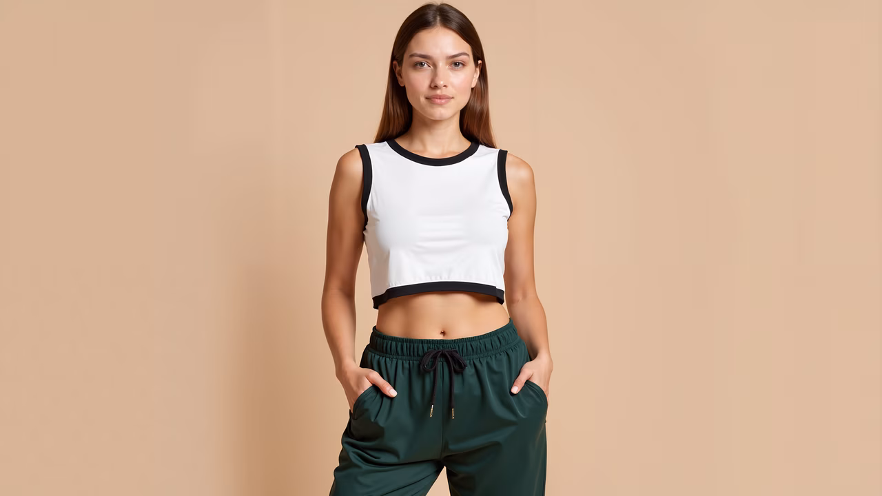 Minimalist fashion portrait with a model in a white cropped tank top and dark green sweatpants against a neutral beige background.