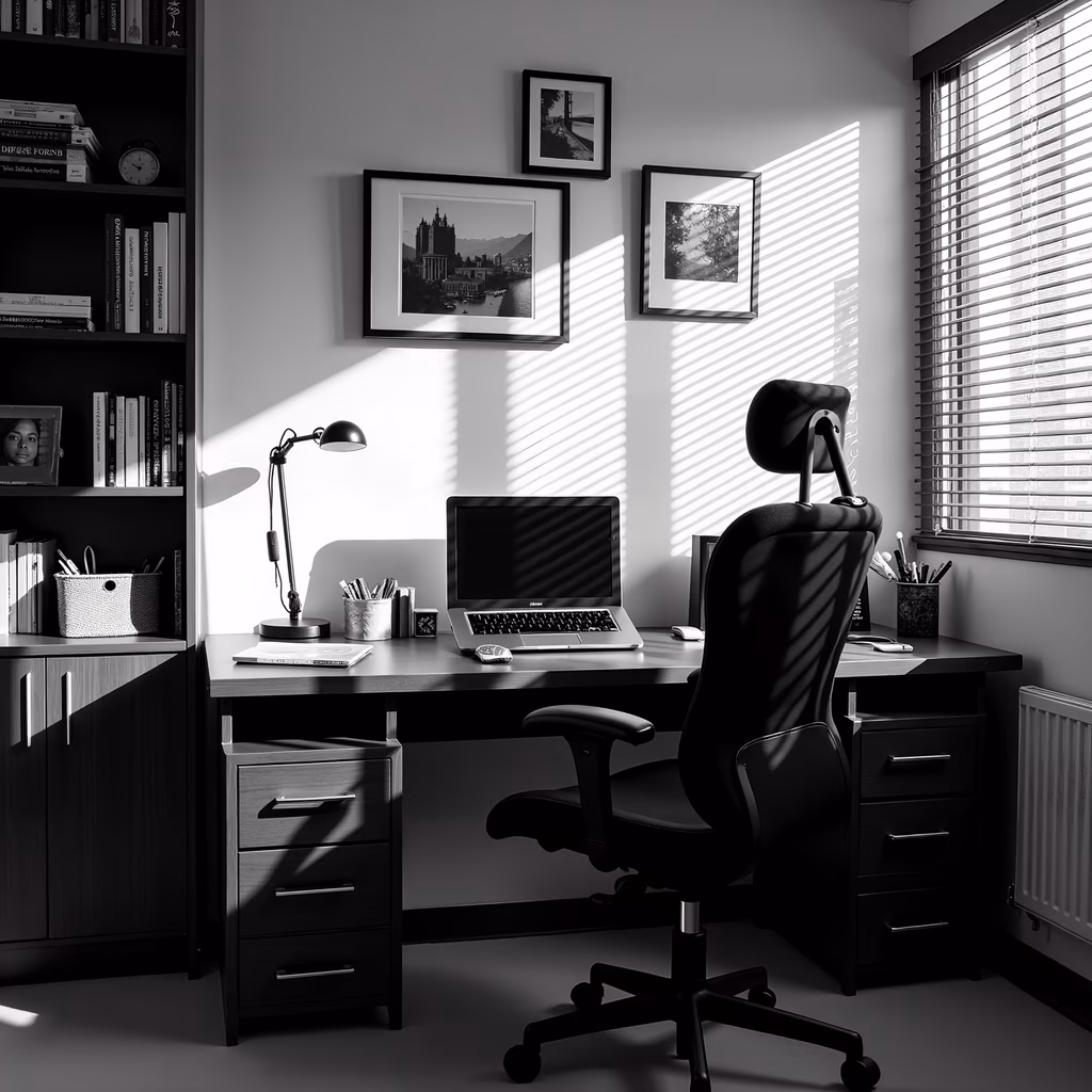 A serene black-and-white home office with natural light and framed photos.