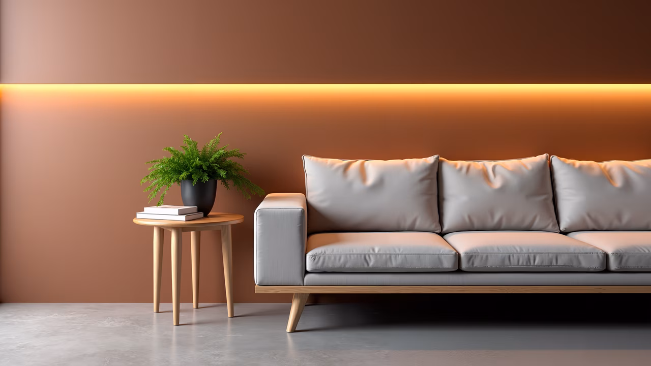 Modern minimalist living room with gray sofa and terracotta walls, illuminated by soft lighting.