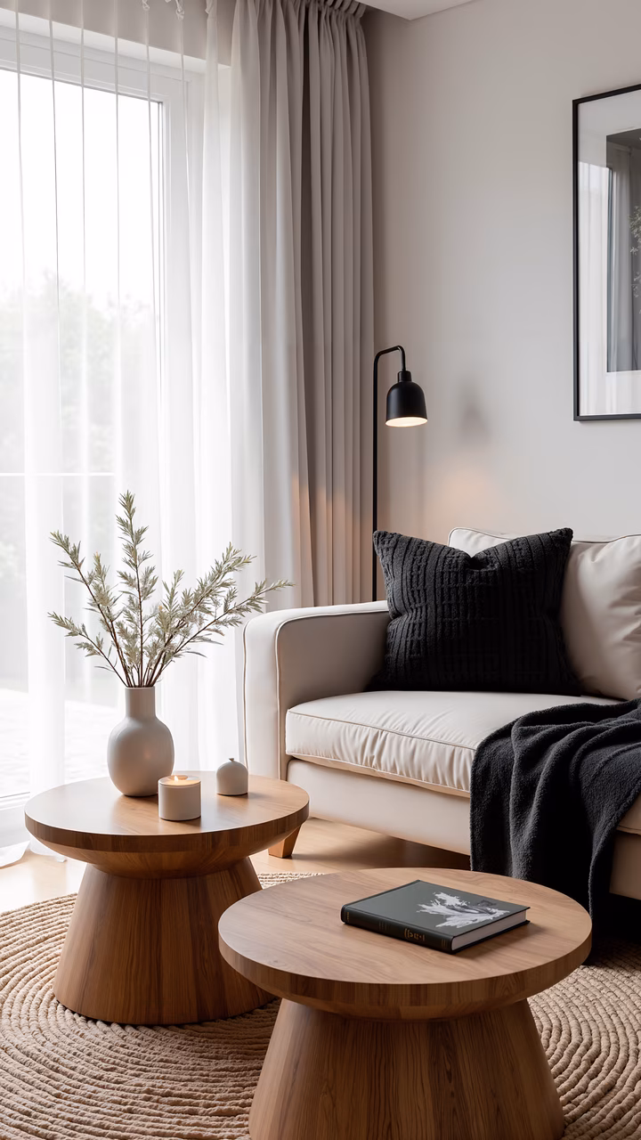 A tranquil minimalist living room with neutral tones and natural accents.