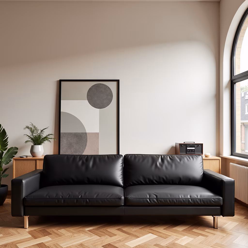 Modern minimalist living room with black leather sofa and geometric artwork.