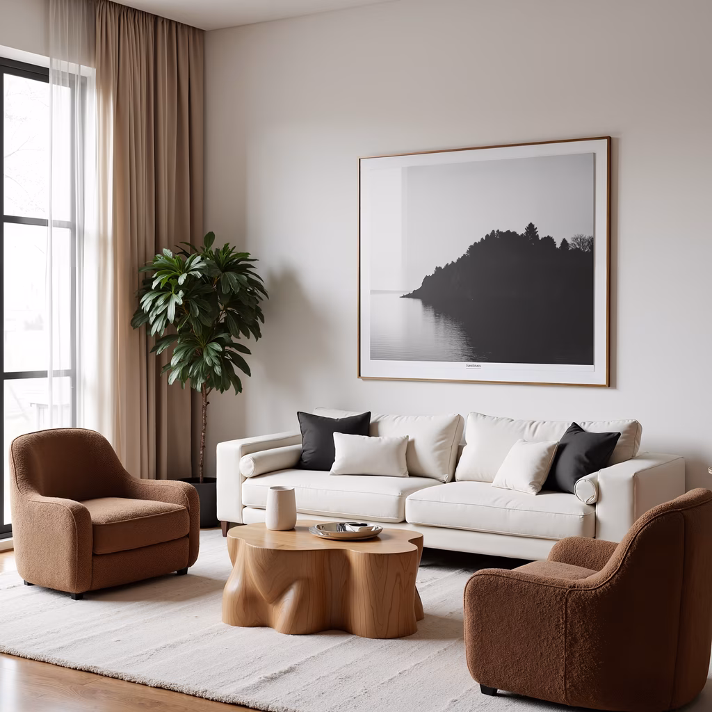 A tranquil minimalist living room with neutral tones and coastal artwork.