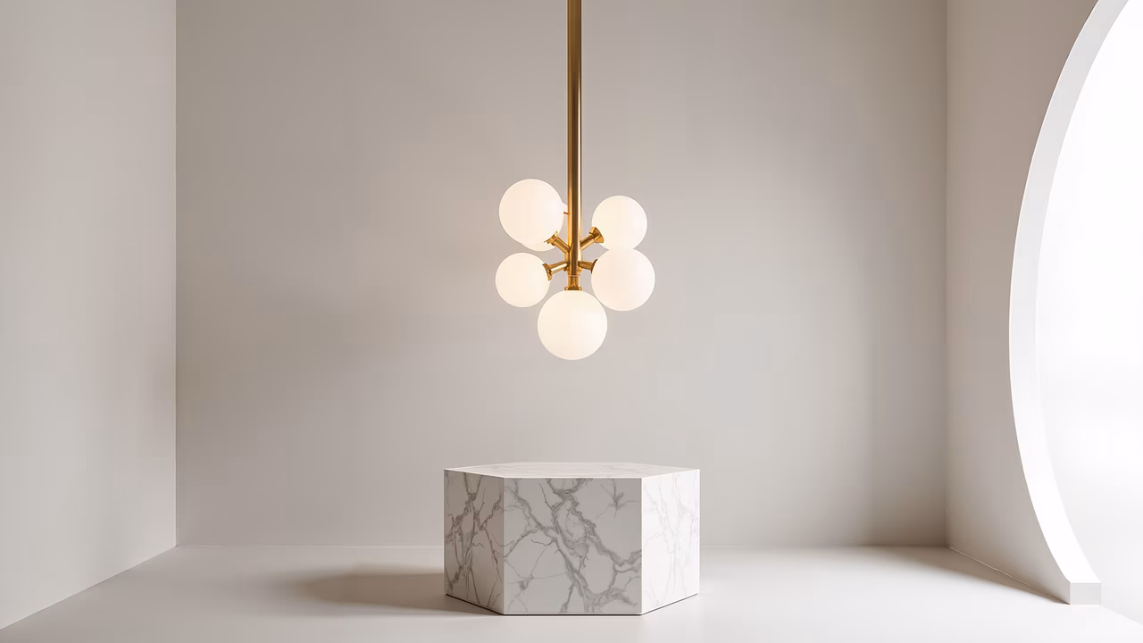 Modern minimalist interior with marble podium and elegant chandelier.