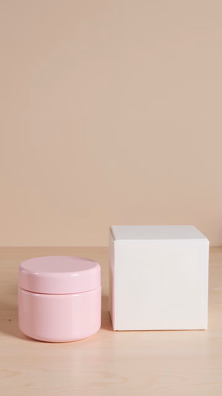 Minimalist pink jar and white box on a wooden surface.