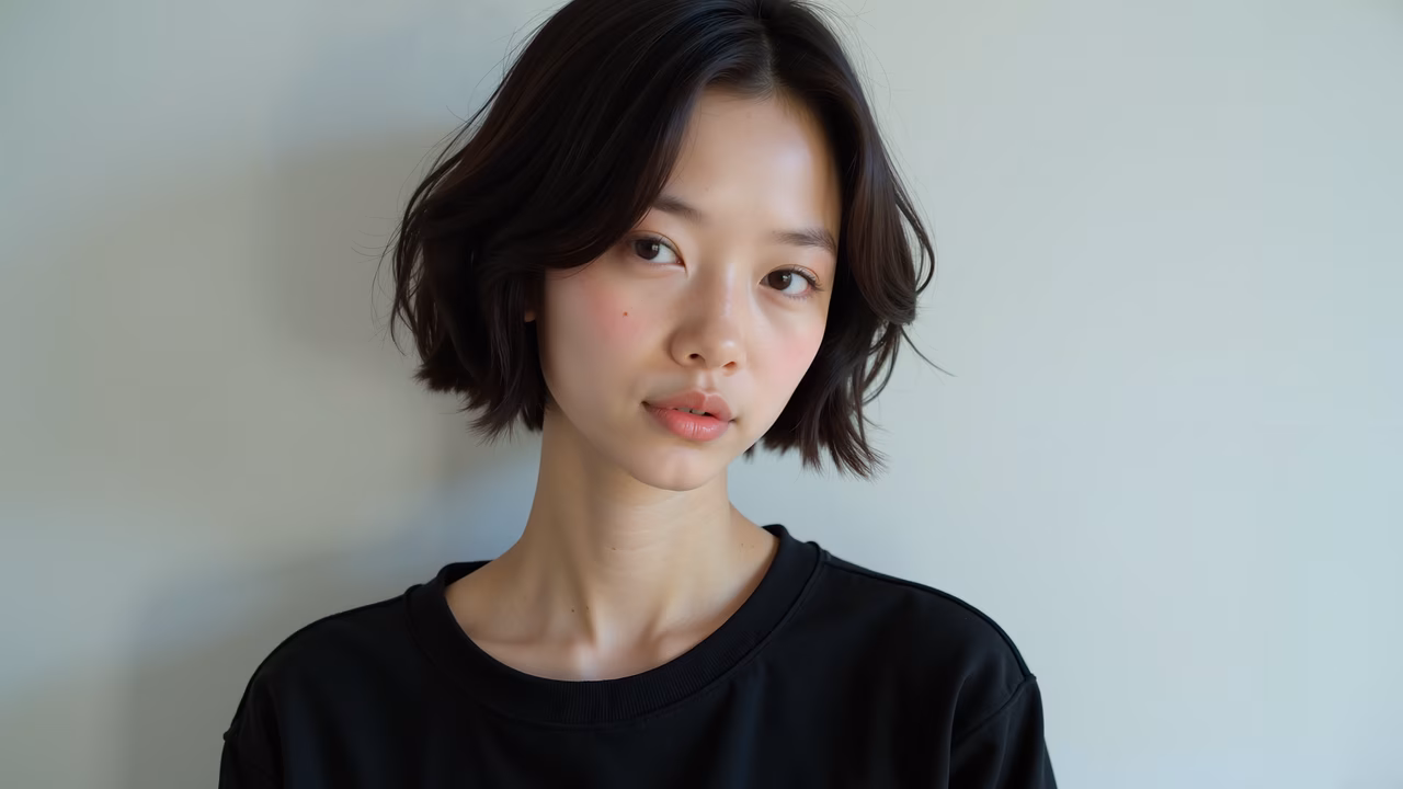 A serene minimalist portrait of a person with short dark hair, wearing a black shirt against a plain white background.
