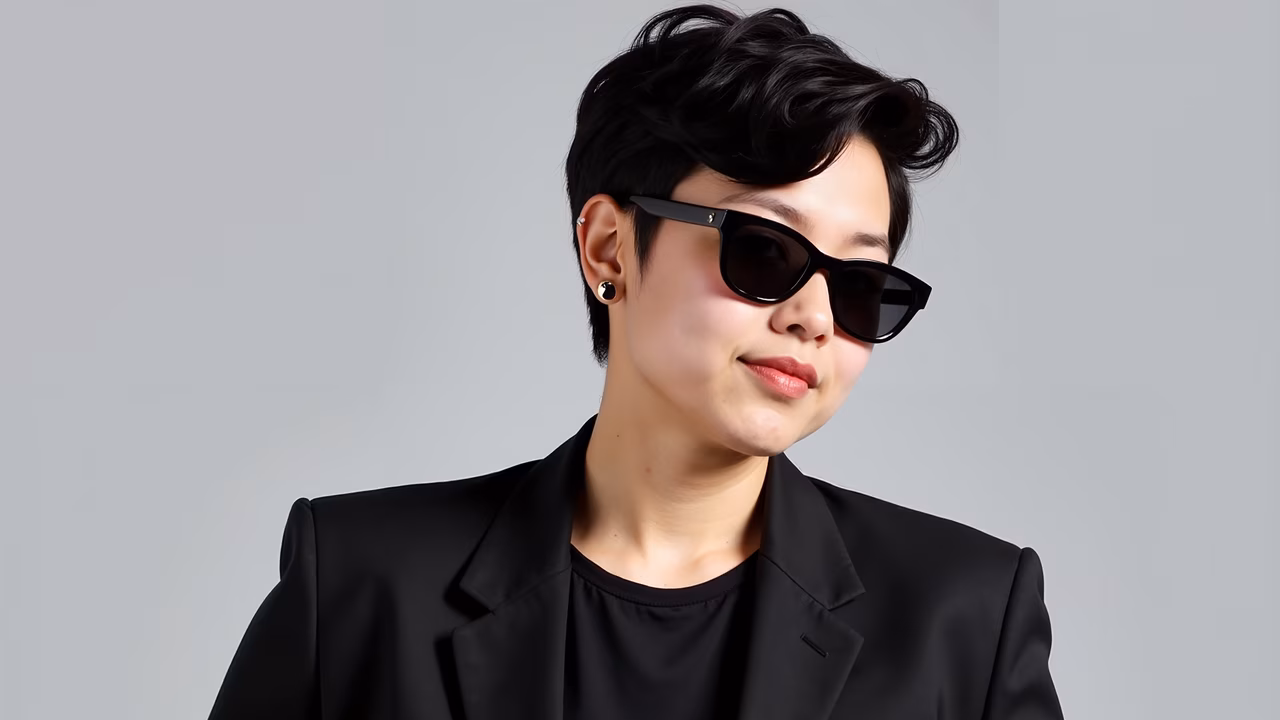 Elegant black attire against a minimalist backdrop.