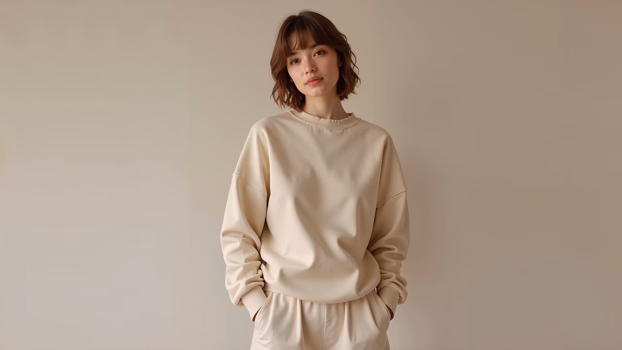 Minimalist portrait of a person in beige attire, standing against a neutral background.