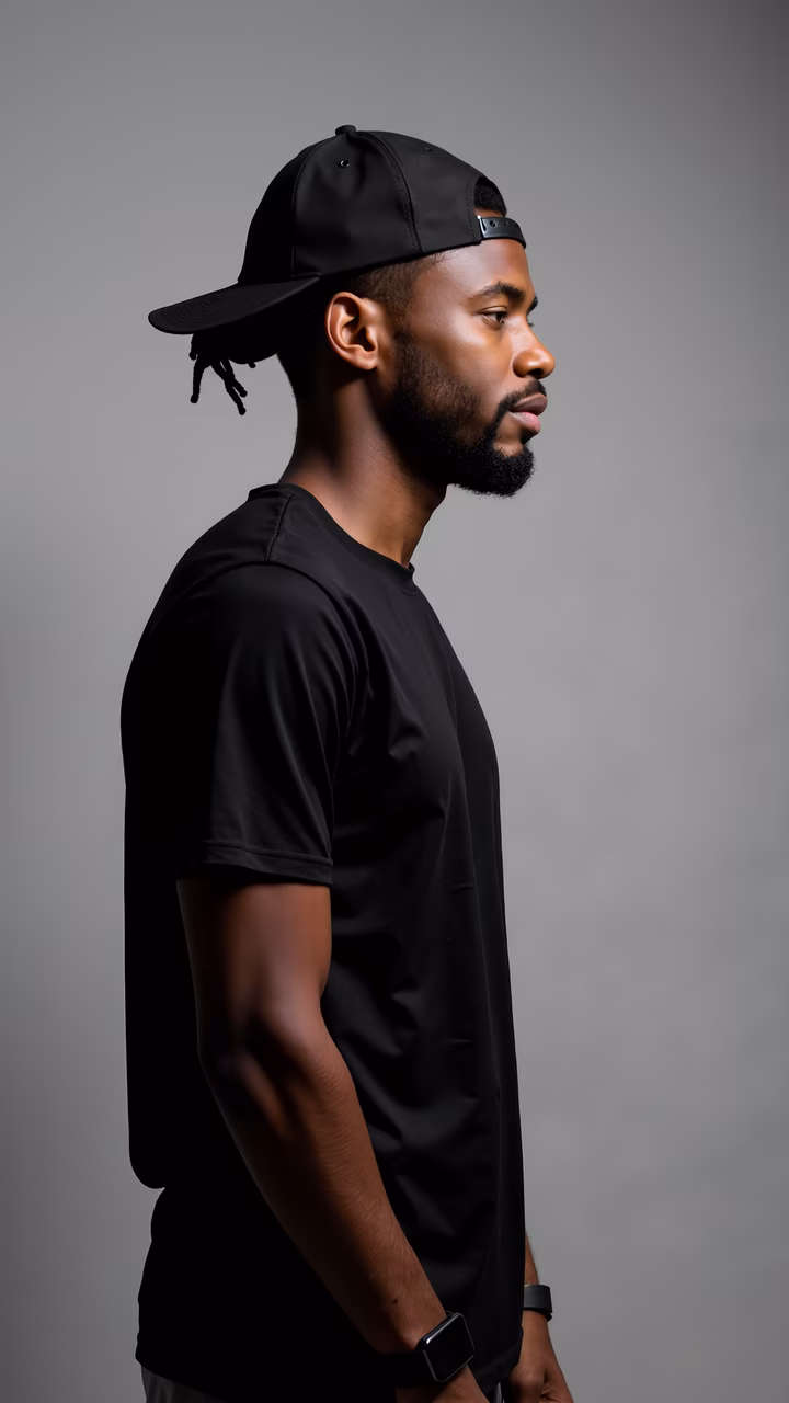 Minimalist profile portrait of a man in black attire against a neutral gray backdrop.