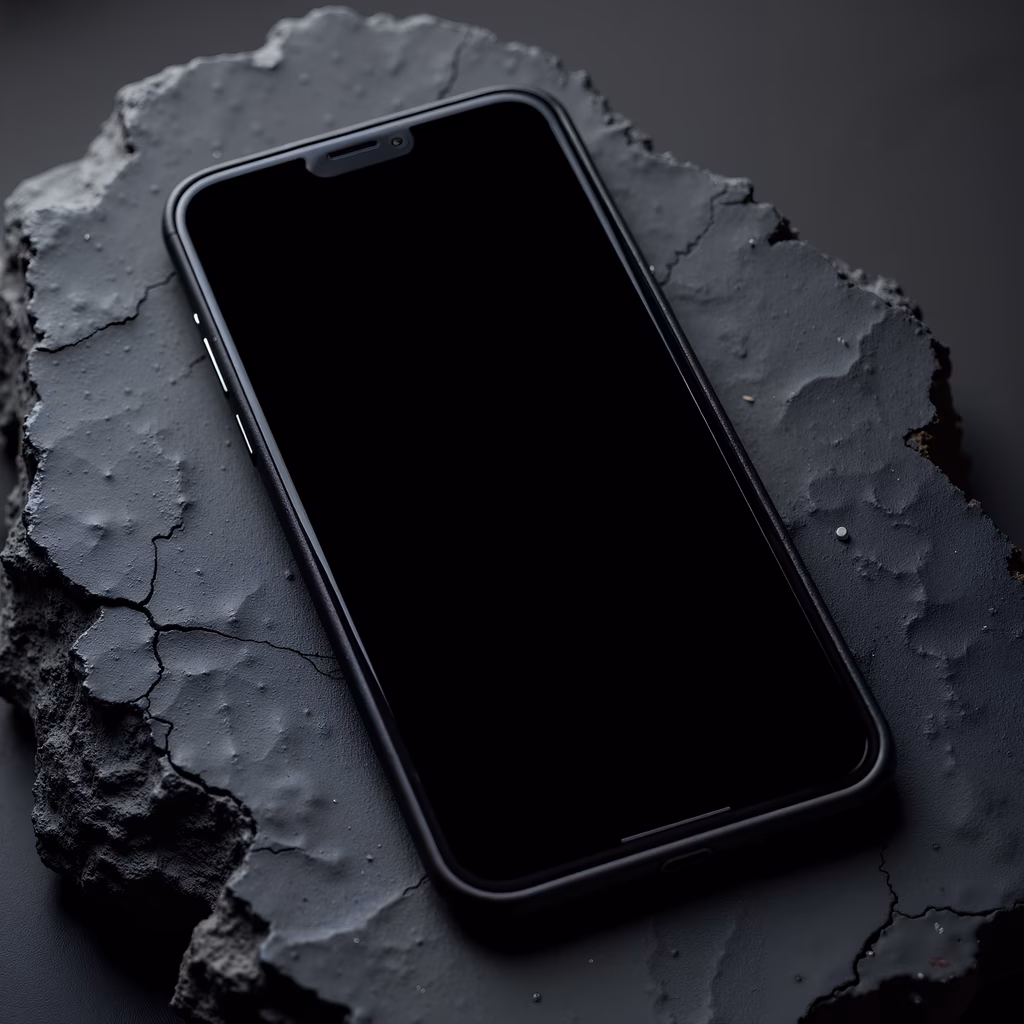 Sleek smartphone on cracked surface, minimalist design, monochrome tones, modern technology, rugged texture