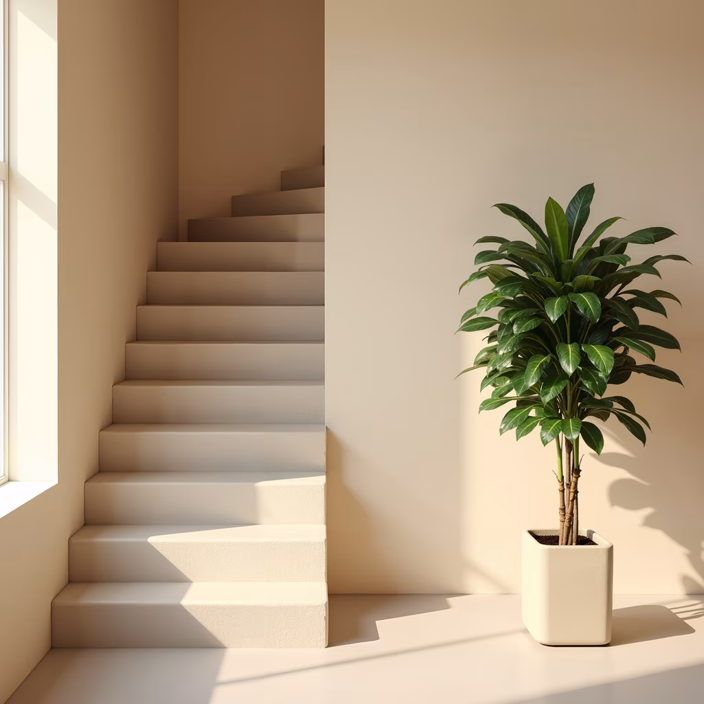 A minimalist staircase with a vibrant plant, evoking calm and serenity.