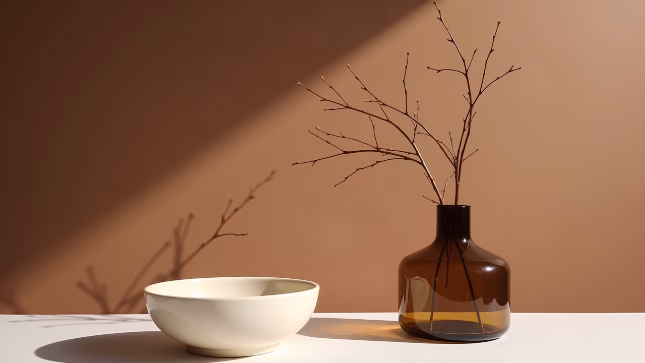 A serene minimalist still life with a white bowl and a dark vase on a beige background.