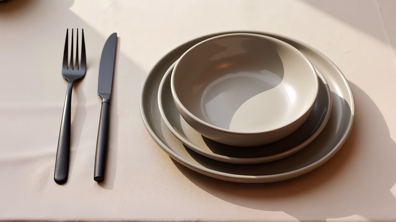 A serene minimalistic table setting with clean ceramics and sleek cutlery.