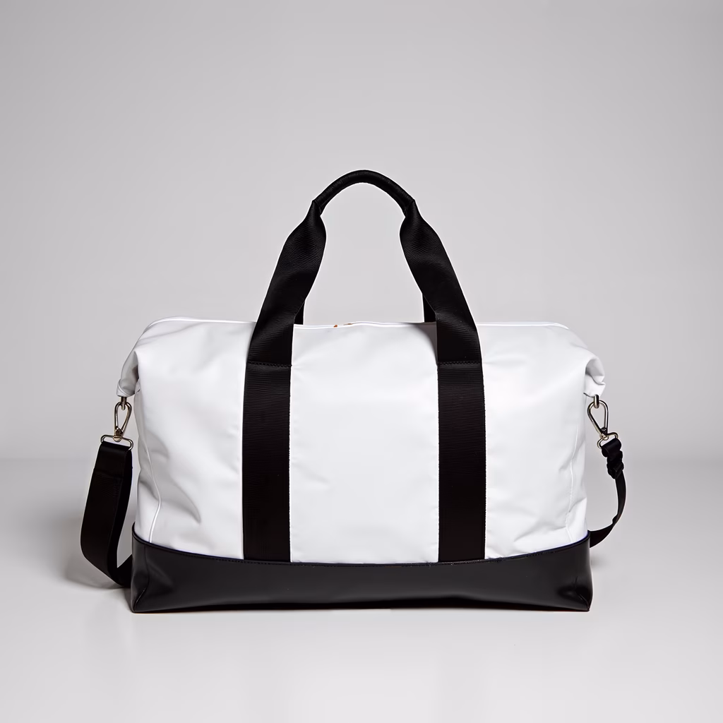 Stylish minimalistic travel bag with contrasting colors and durable straps.
