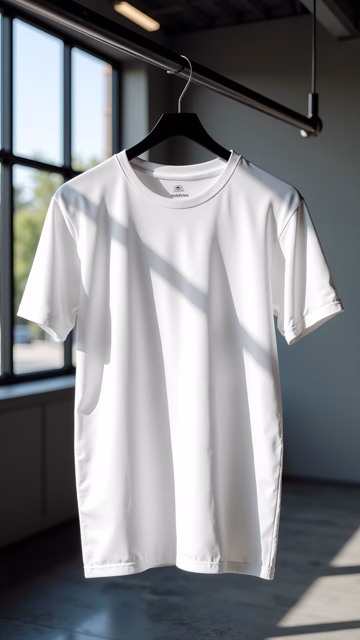 Minimalist white t-shirt hanging in a modern interior with natural light.