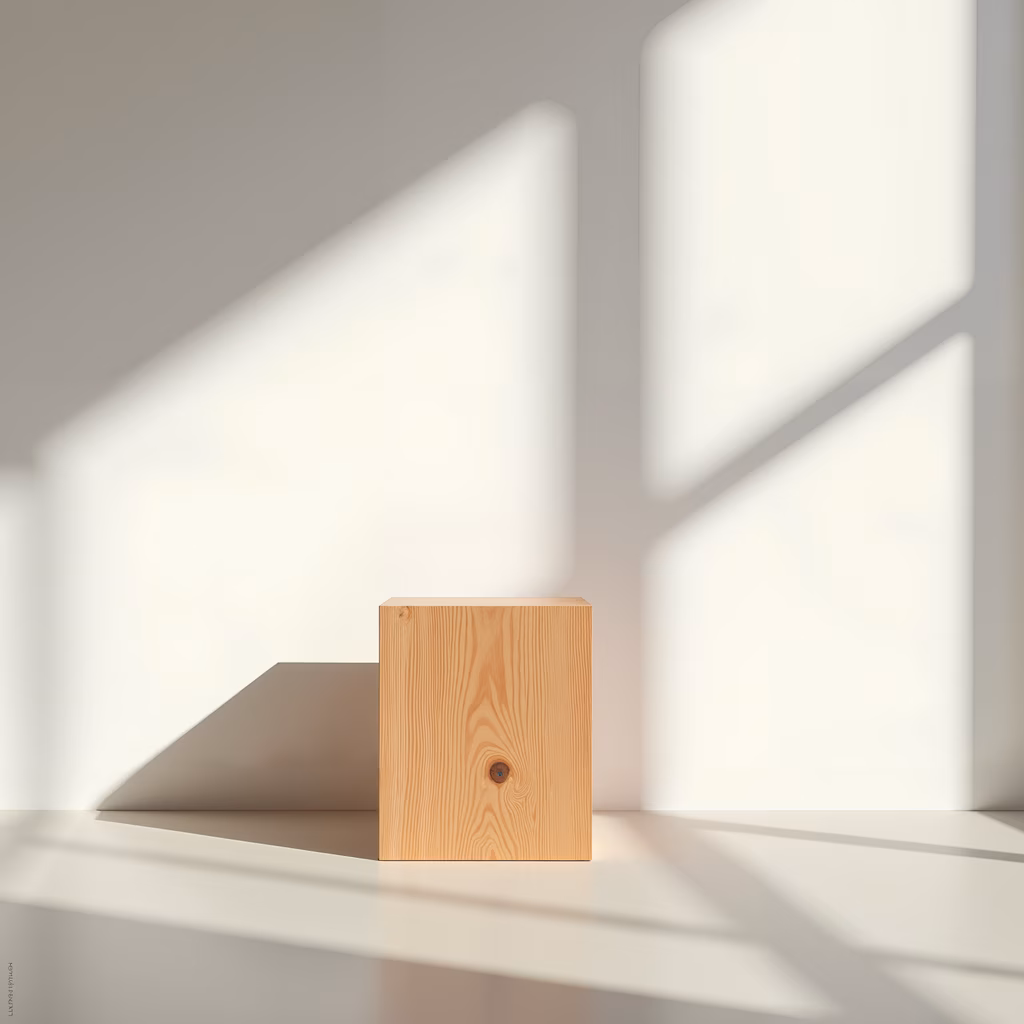 Minimalist wooden cube in soft natural light, evoking tranquility and simplicity.
