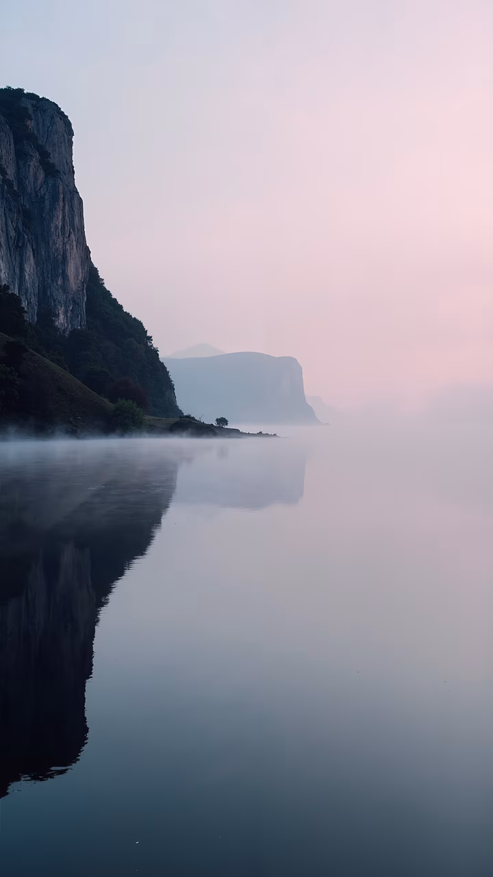 A misty lake reflects the tranquil beauty of a serene landscape under soft pastel hues.