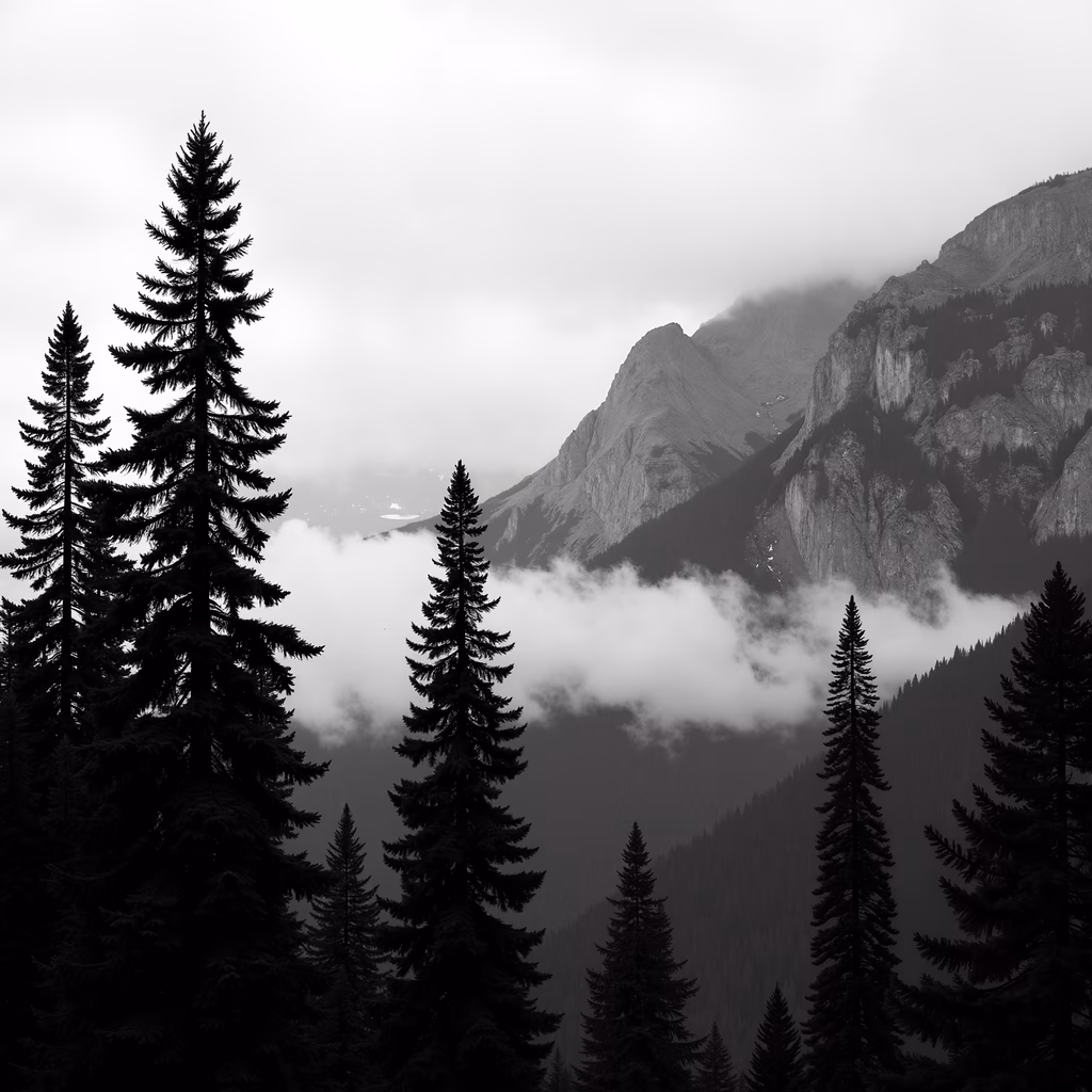 Black-and-white photo of misty mountains with evergreen trees framing the scene.