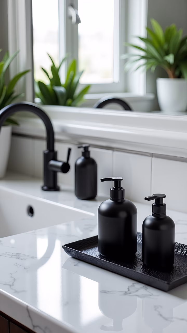 Modern bathroom sink with black faucets and dispensers on a white marble countertop.