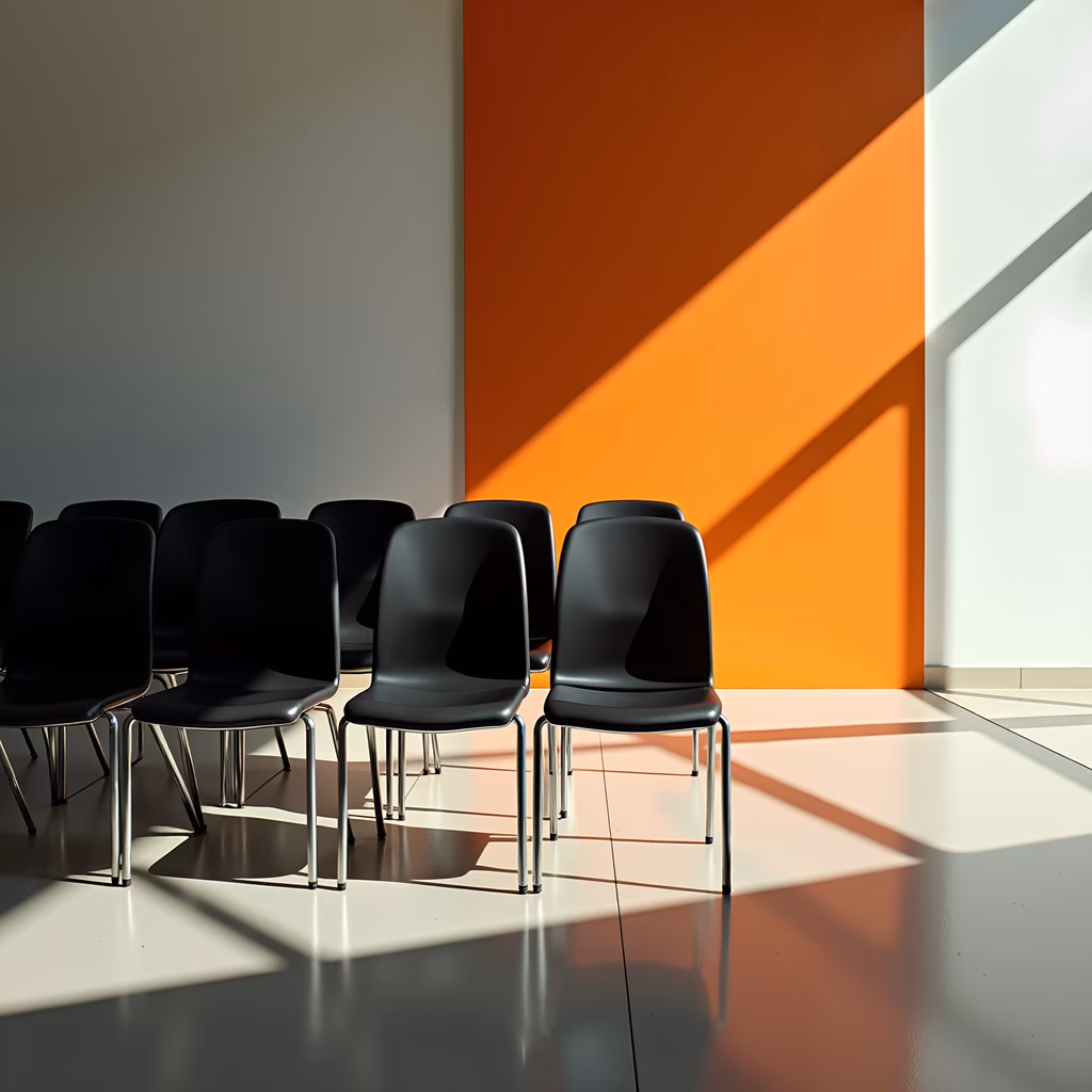 Minimalist chairs in a sunlit room with bold orange accents.