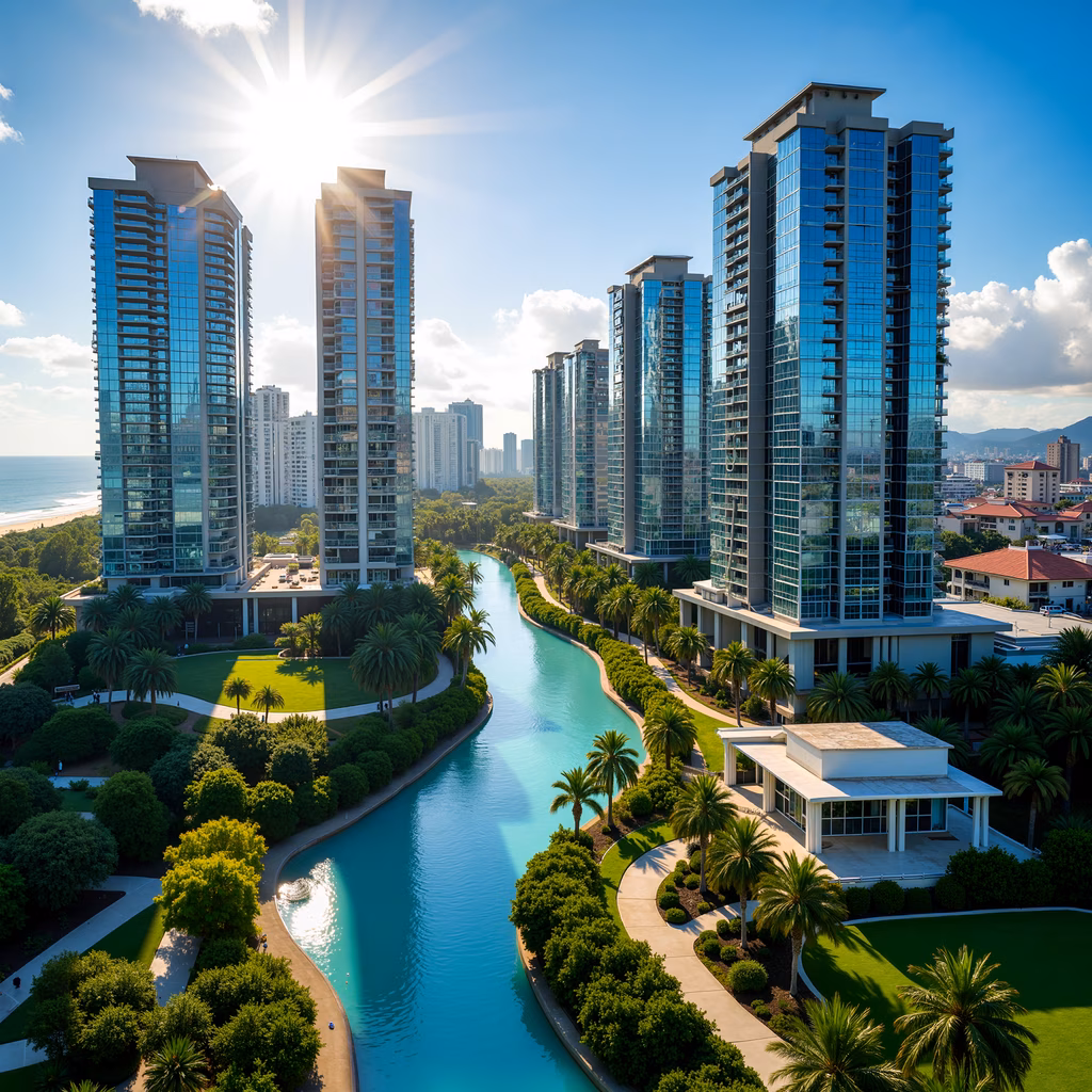 Modern skyscrapers and a tranquil aqua canal in a vibrant urban landscape.