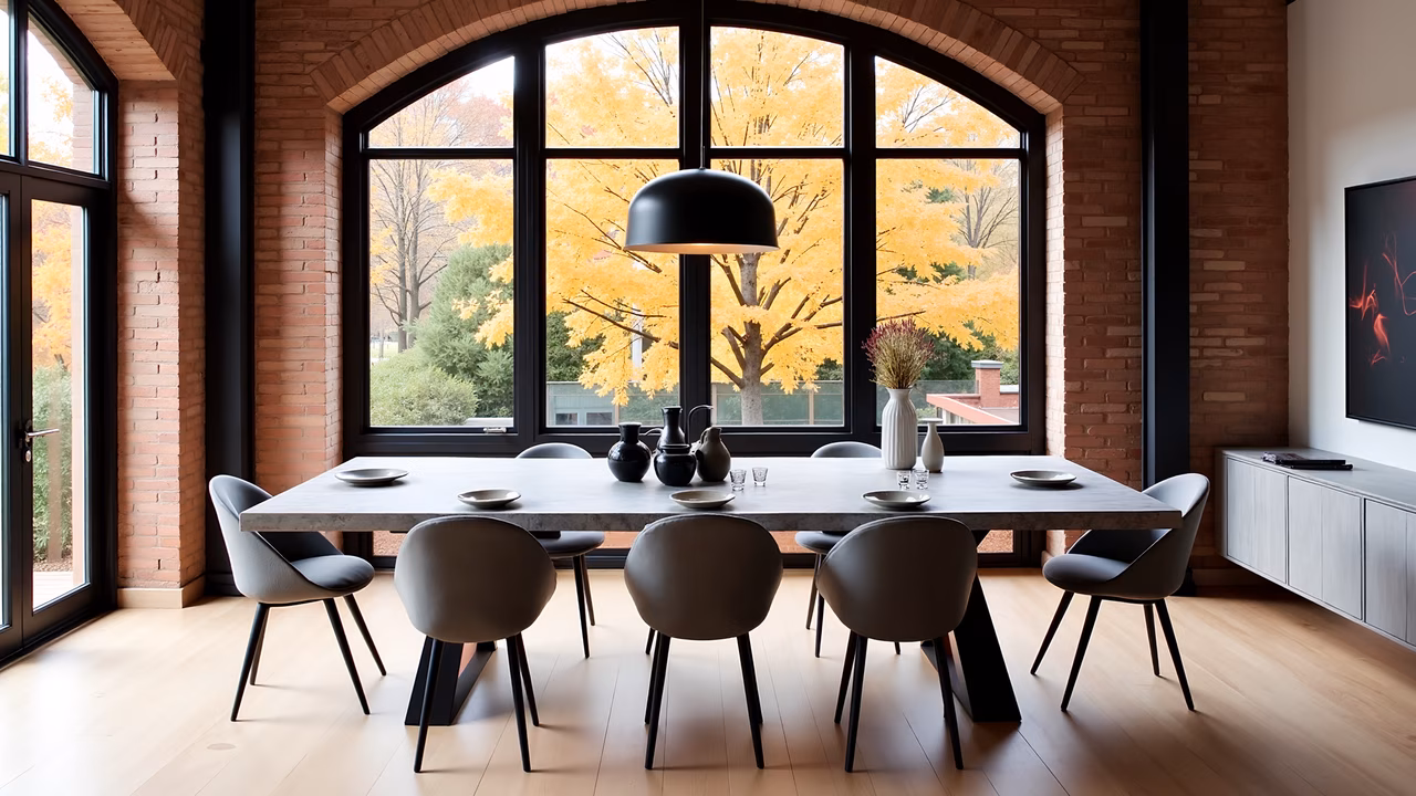 Modern dining room with concrete table, minimalist chairs, and autumn view