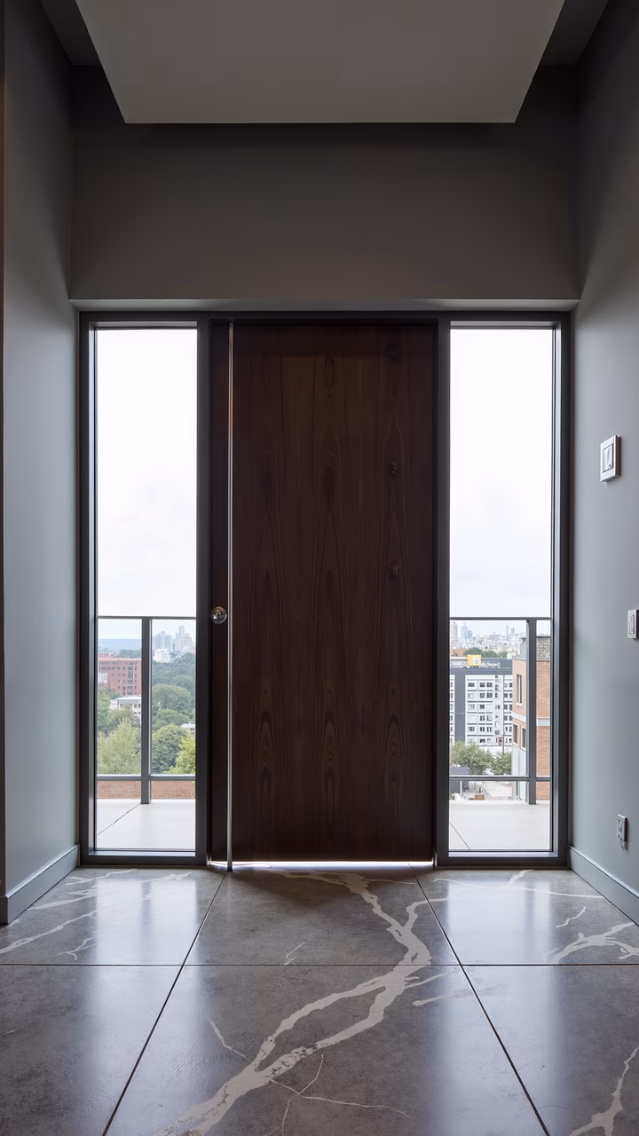 Modern doorway with city view and marble floor