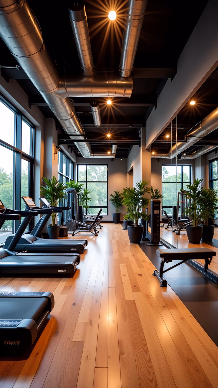 Modern gym interior with sleek equipment and natural light.