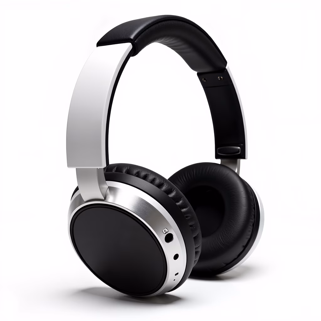 Sleek modern headphones with a minimalist design and metallic accents.