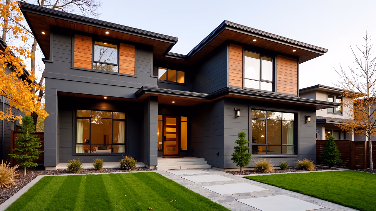 Modern home exterior with dark gray siding and warm wooden accents, featuring large glass windows and a well-maintained front yard.