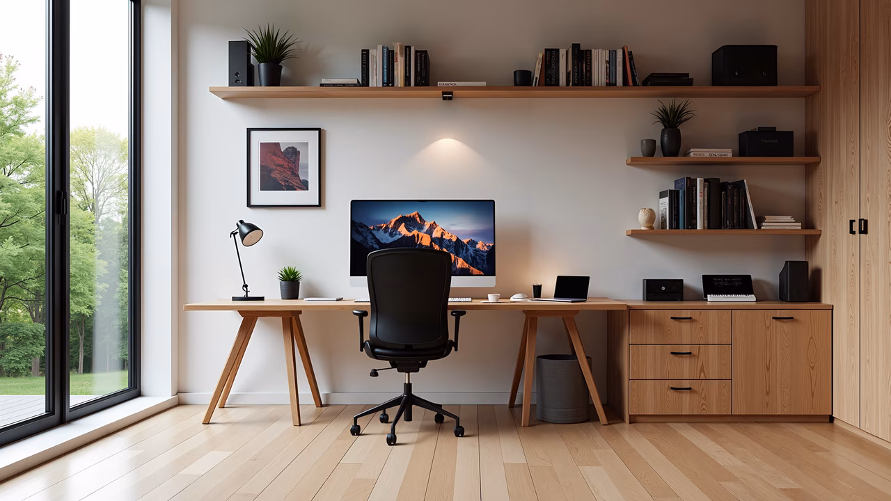 A modern home office with a wooden desk, black chair, and large window overlooking nature.