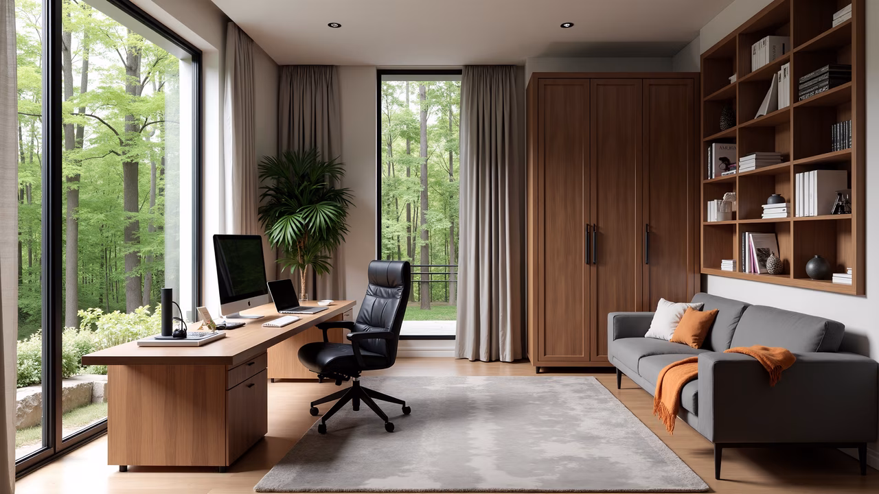 Modern home office with forest view, minimalist design, natural light, productivity space