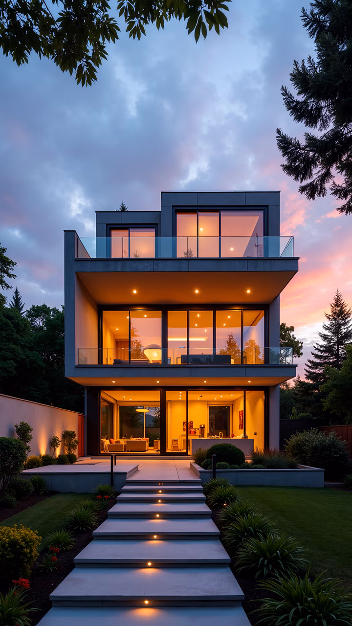 A modern house illuminated at dusk with a stunning sky backdrop.