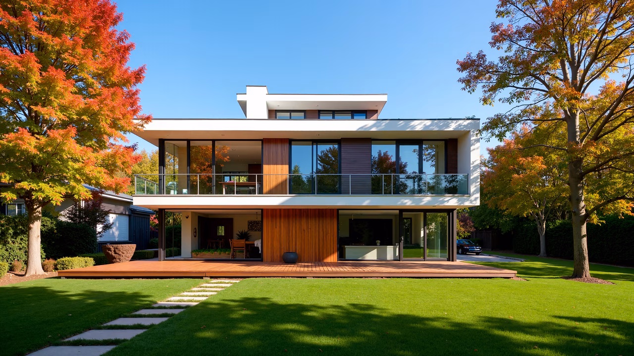 Modern house with autumn colors and clean architecture.