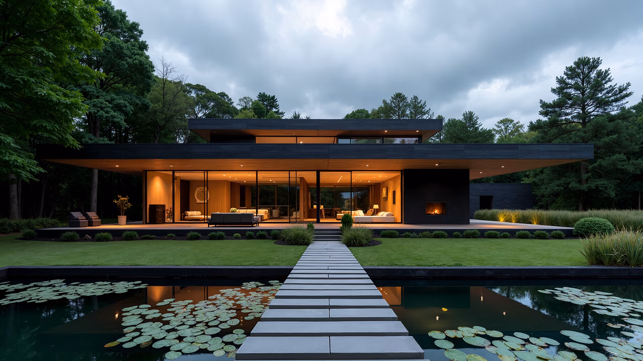Modern house with large glass windows, stone pathway, lily pond, overcast sky, serene atmosphere.