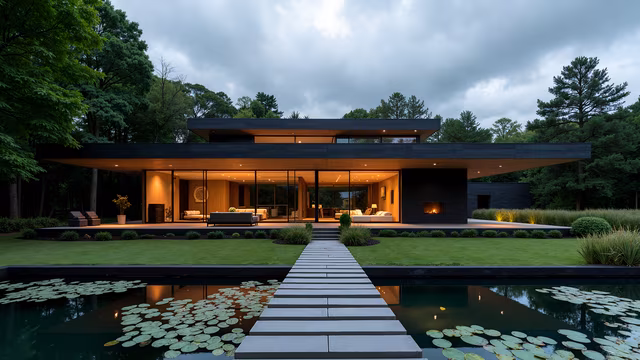 Modern House with Lily Pond