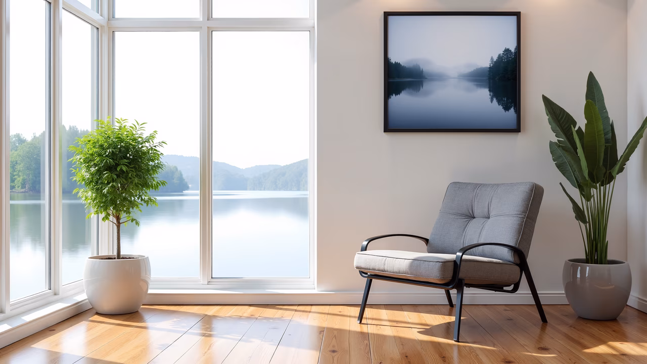 Minimalist interior with lake view and natural light.